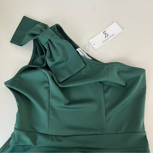 NWT Jasambac Green One Shoulder Bow Dress Women L Emerald Cocktail Party - Picture 7 of 11
